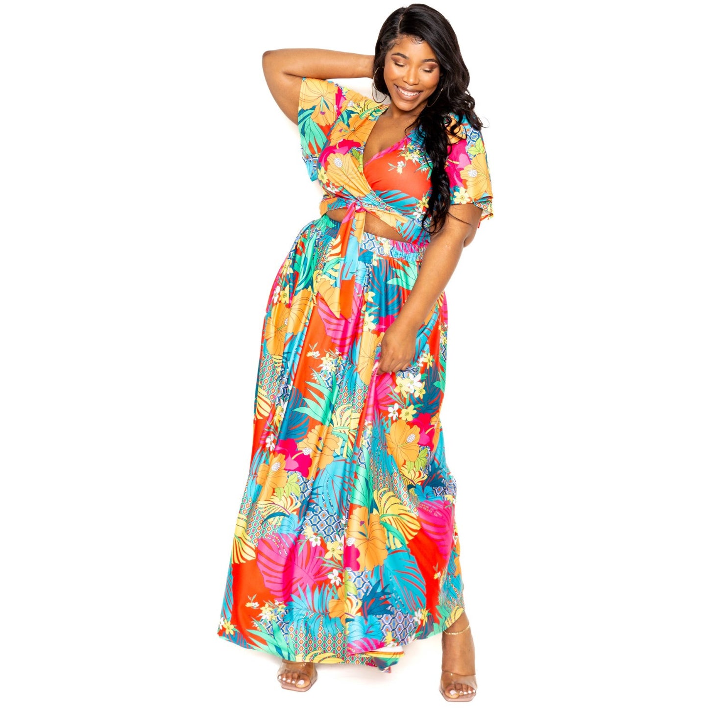 Elegant 2 Piece Plus-size Tropical Floral maxi Skirt & Top set