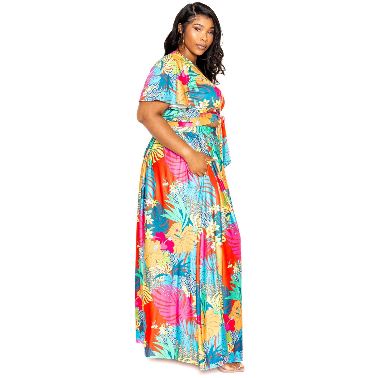 Elegant 2 Piece Plus-size Tropical Floral maxi Skirt & Top set