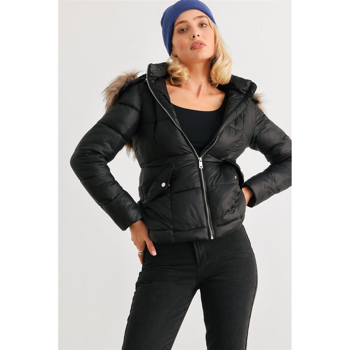 Long Sleeve Faux Fur Hood Padded Water Resistant Finish Jacket