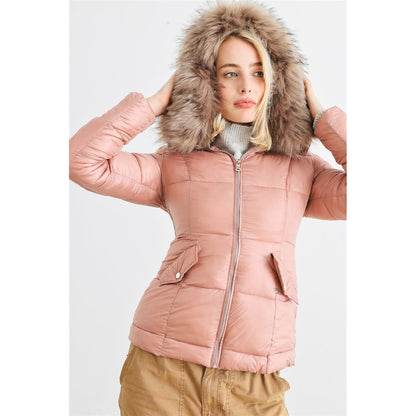 Long Sleeve Faux Fur Hood Padded Water Resistant Finish Jacket