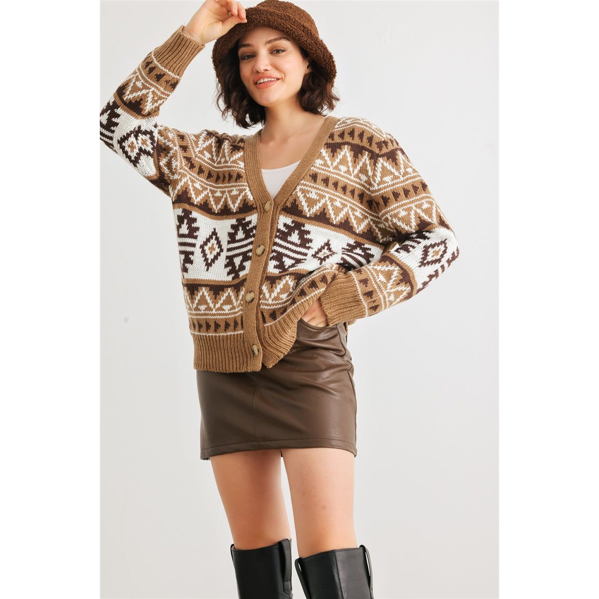 Fair Isle Knit Button-up Long Sleeve Cardigan Sweater