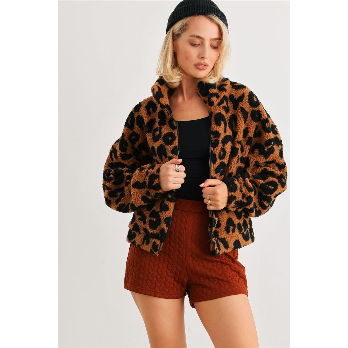 Leopard Teddy Zip-up Two Pocket Jacket