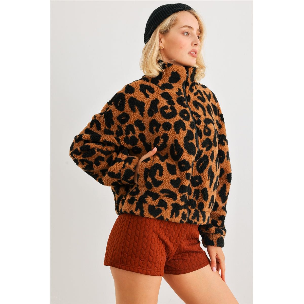 Leopard Teddy Zip-up Two Pocket Jacket