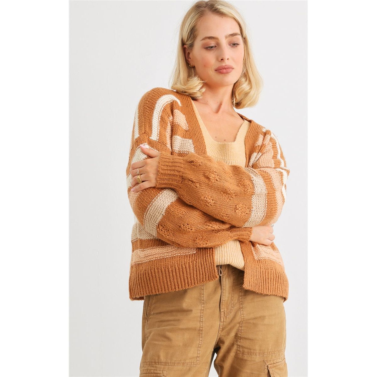 Camel Striped Crochet Knit Two Pocket Open Front Cardigan