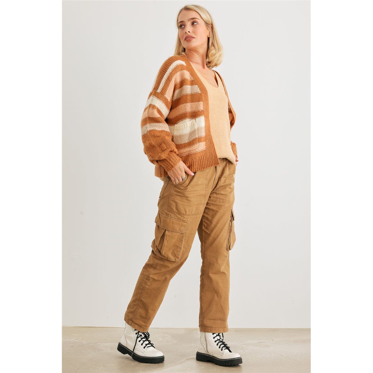 Camel Striped Crochet Knit Two Pocket Open Front Cardigan