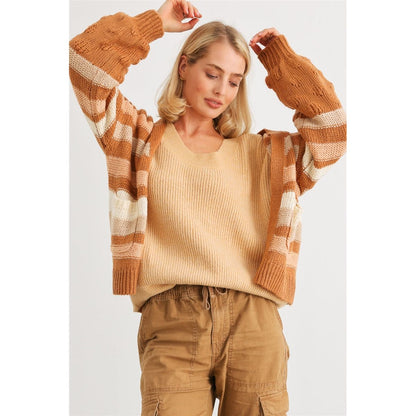 Camel Striped Crochet Knit Two Pocket Open Front Cardigan