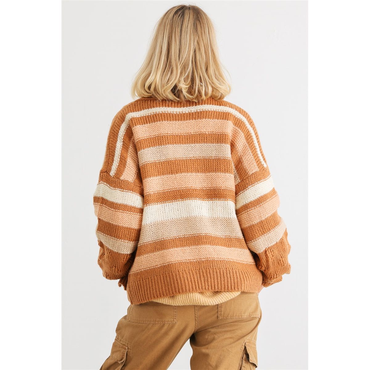 Camel Striped Crochet Knit Two Pocket Open Front Cardigan