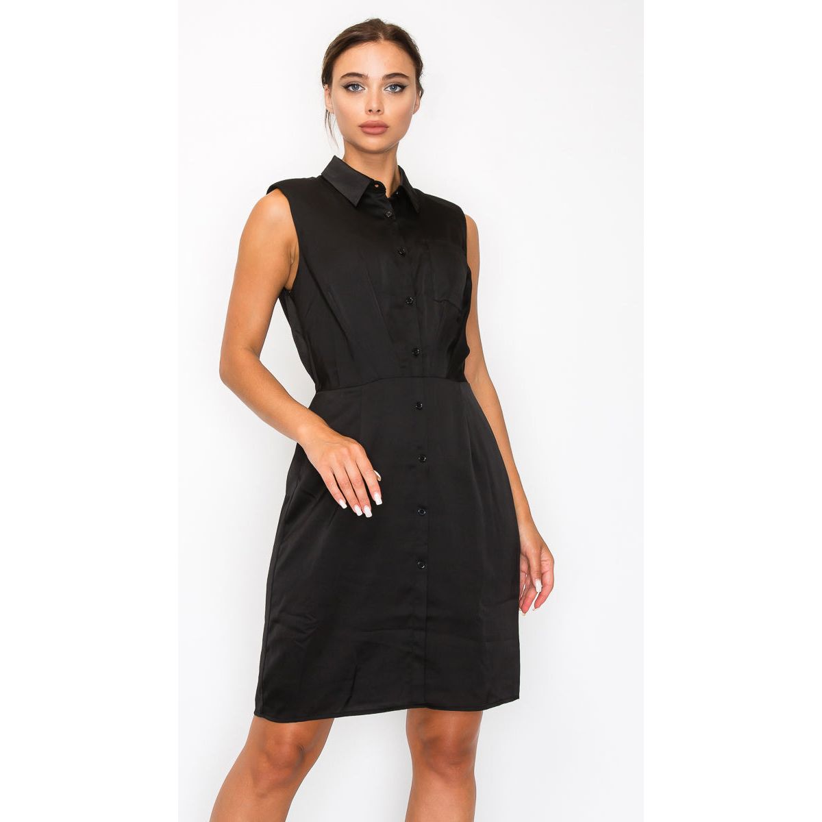 Woven Button-down Pleated Knee-length Shirt Dress