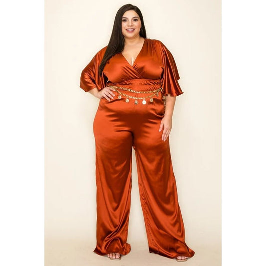 Plus-size Satin Wrap Front Short Sleeve Smocked Waist Jumpsuit