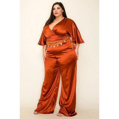 Plus-size Satin Wrap Front Short Sleeve Smocked Waist Jumpsuit