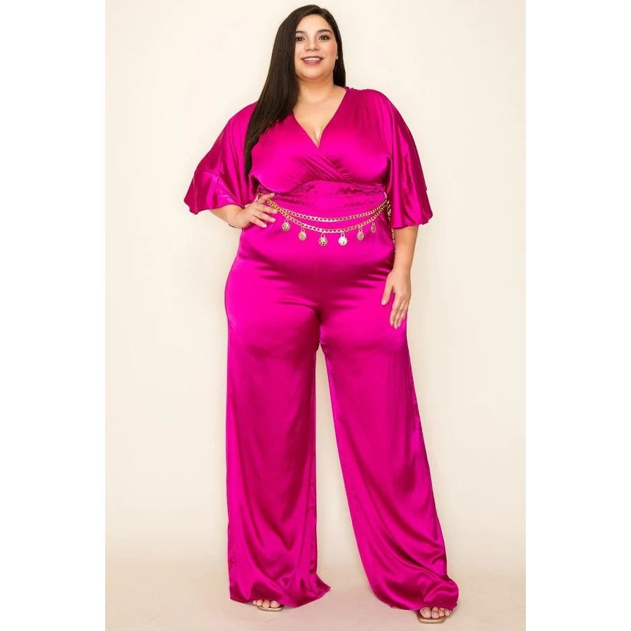 Plus-size Satin Wrap Front Short Sleeve Smocked Waist Jumpsuit