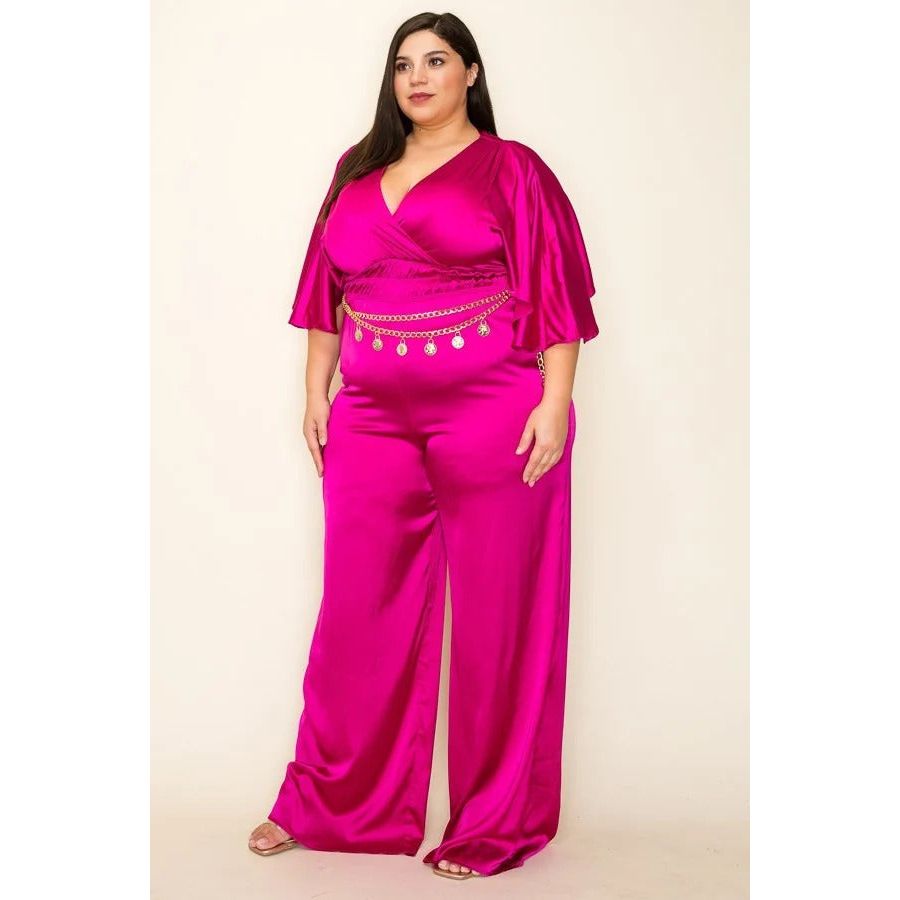 Plus-size Satin Wrap Front Short Sleeve Smocked Waist Jumpsuit