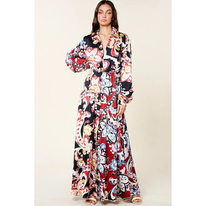 Color Block Printed Silk-like Maxi Shirt Dress