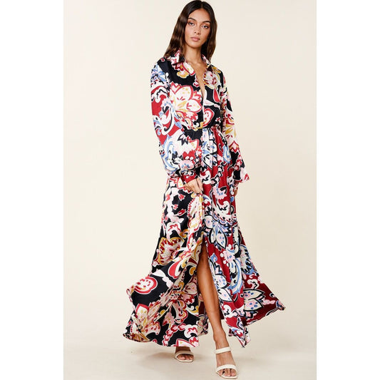 Color Block Printed Silk-like Maxi Shirt Dress