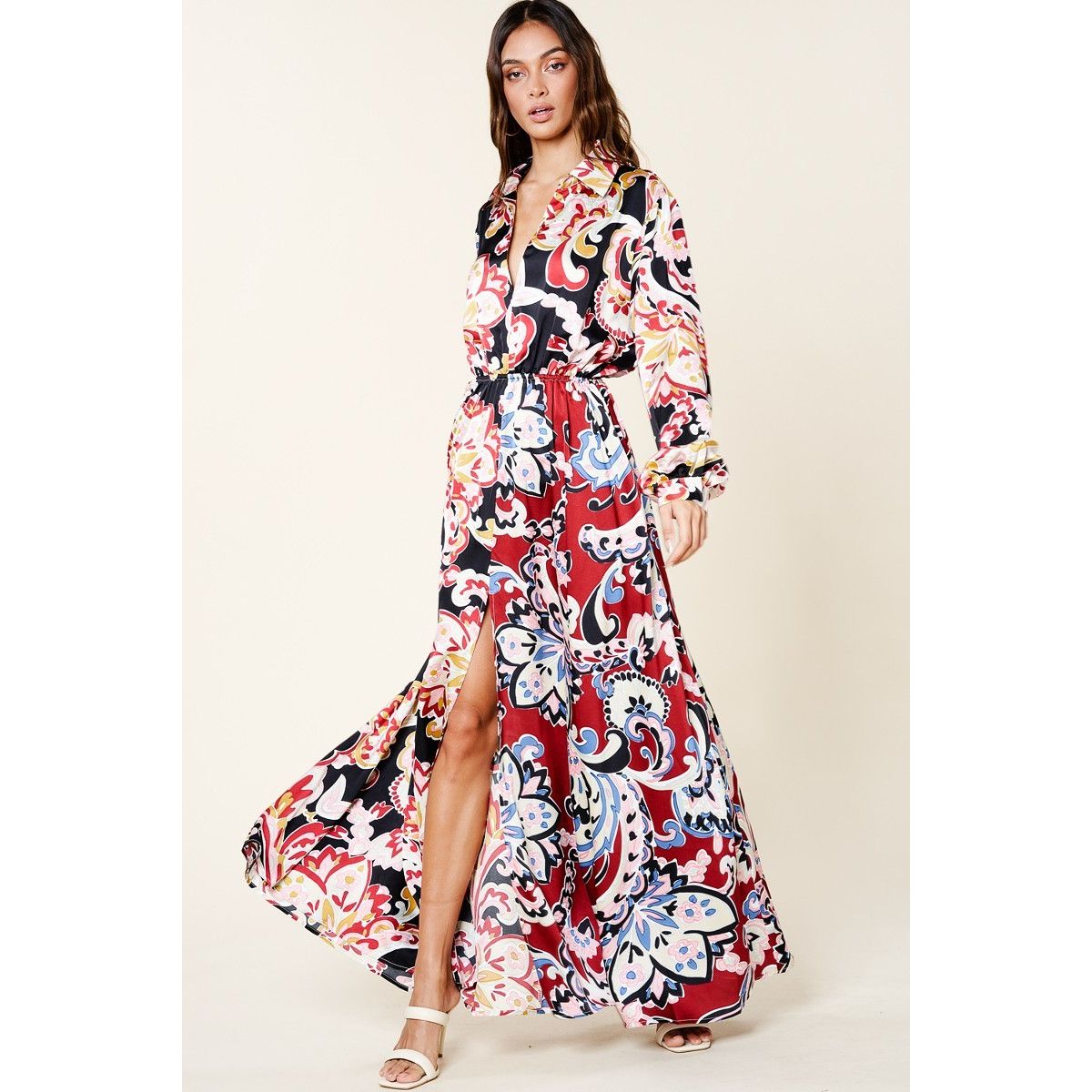 Color Block Printed Silk-like Maxi Shirt Dress