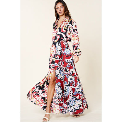 Color Block Printed Silk-like Maxi Shirt Dress