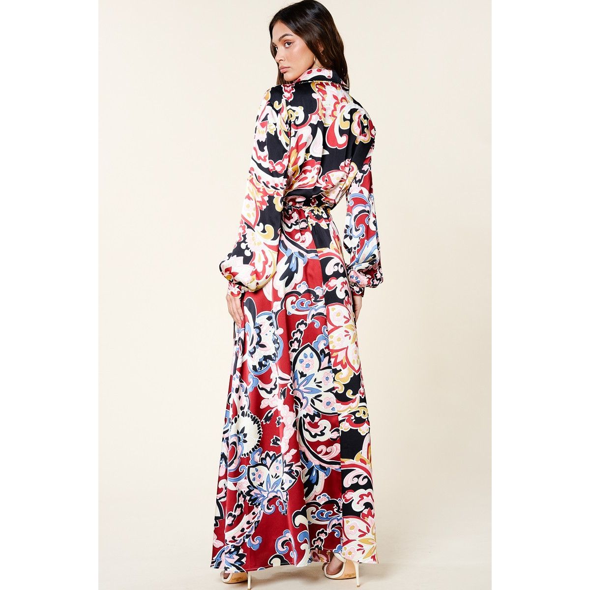 Color Block Printed Silk-like Maxi Shirt Dress