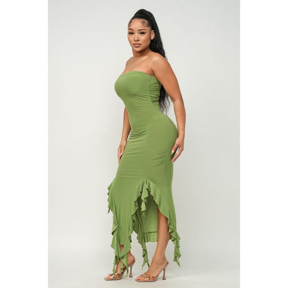 Green Tube Cocktail Dress with Bottom Ruffle Trim Hem