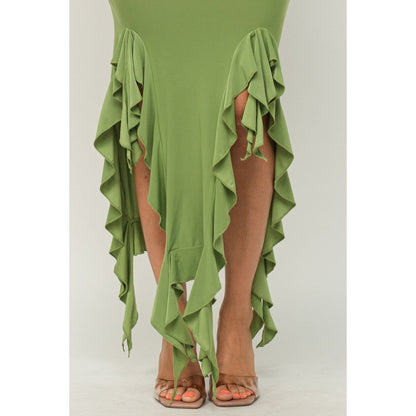 Green Tube Cocktail Dress with Bottom Ruffle Trim Hem