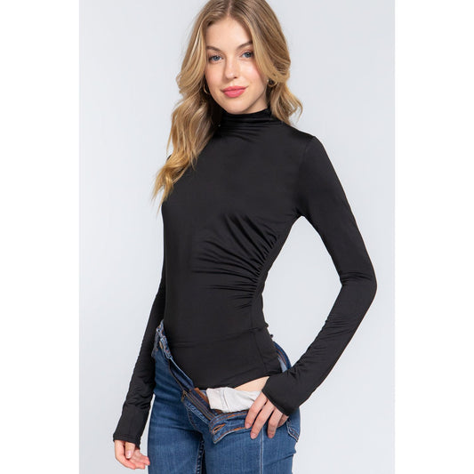 Long Sleeve High Neck Shirring Detail Ity Knit Bodysuit