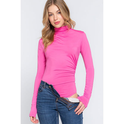 Long Sleeve High Neck Shirring Detail Ity Knit Bodysuit