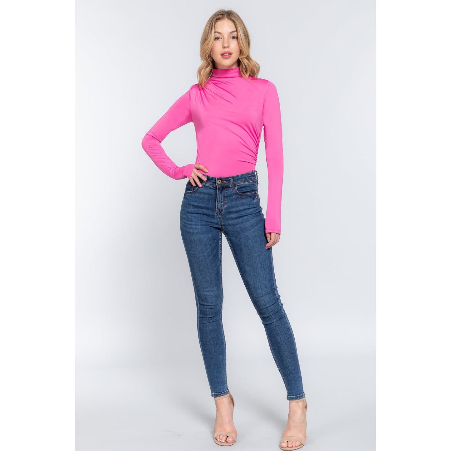 Long Sleeve High Neck Shirring Detail Ity Knit Bodysuit