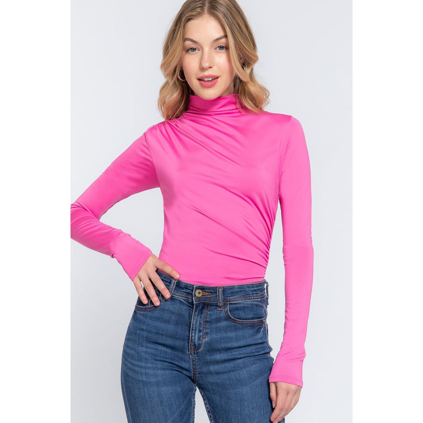 Long Sleeve High Neck Shirring Detail Ity Knit Bodysuit