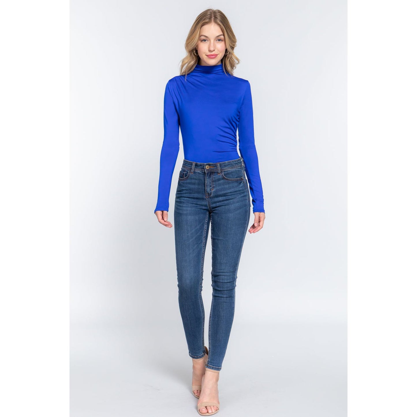 Long Sleeve High Neck Shirring Detail Ity Knit Bodysuit