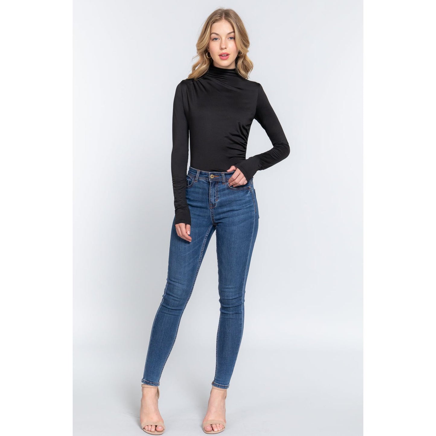 Long Sleeve High Neck Shirring Detail Ity Knit Bodysuit