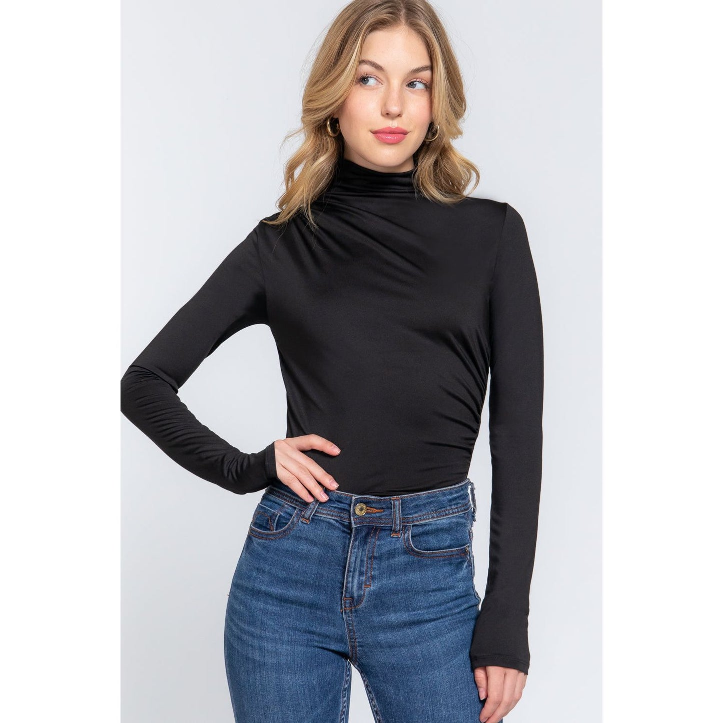 Long Sleeve High Neck Shirring Detail Ity Knit Bodysuit