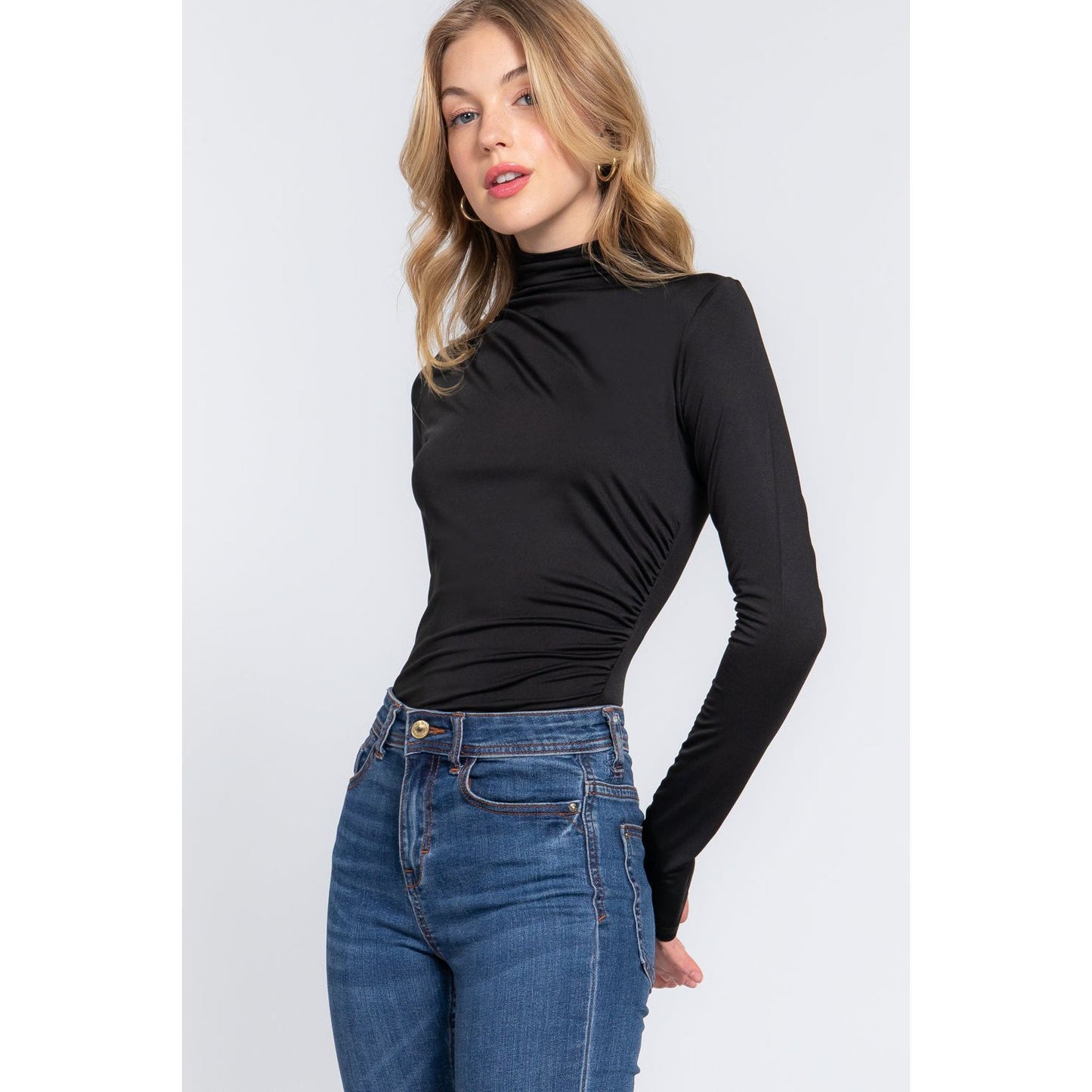 Long Sleeve High Neck Shirring Detail Ity Knit Bodysuit