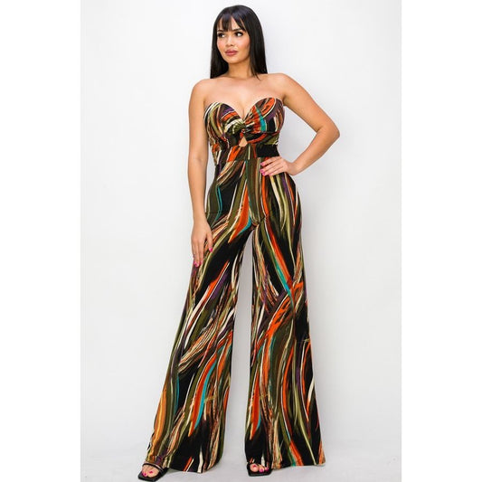 Strapless Printed Twisted-Front Wide Leg Jumpsuit