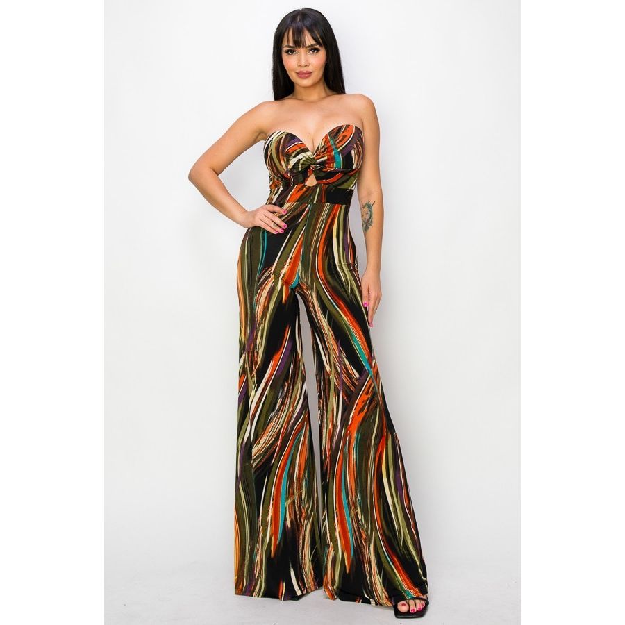 Strapless Printed Twisted-Front Wide Leg Jumpsuit