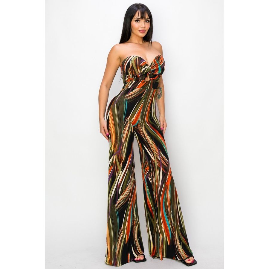 Strapless Printed Twisted-Front Wide Leg Jumpsuit