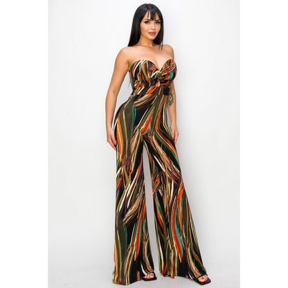 Strapless Printed Twisted-Front Wide Leg Jumpsuit