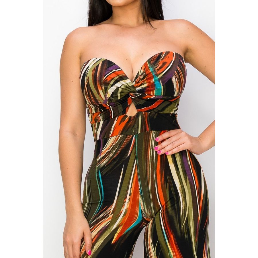 Strapless Printed Twisted-Front Wide Leg Jumpsuit