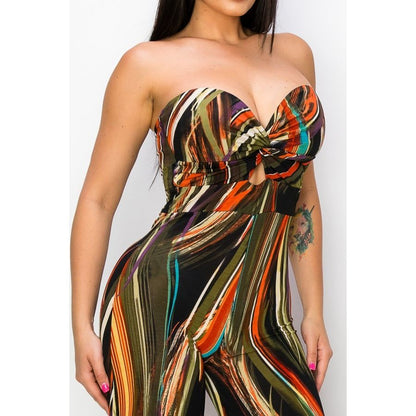 Strapless Printed Twisted-Front Wide Leg Jumpsuit