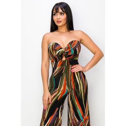 Strapless Printed Twisted-Front Wide Leg Jumpsuit