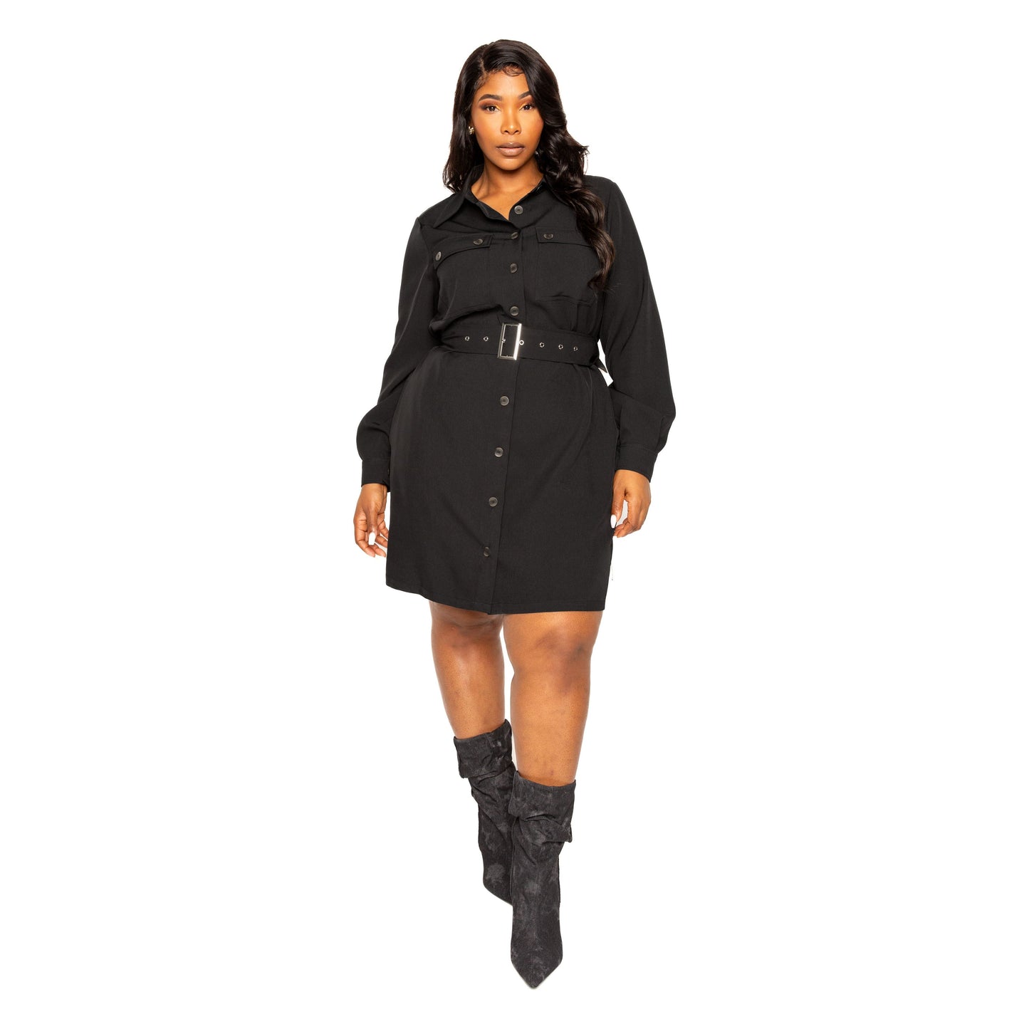 Black Plus-size Satin Effect Belted Shirt Dress