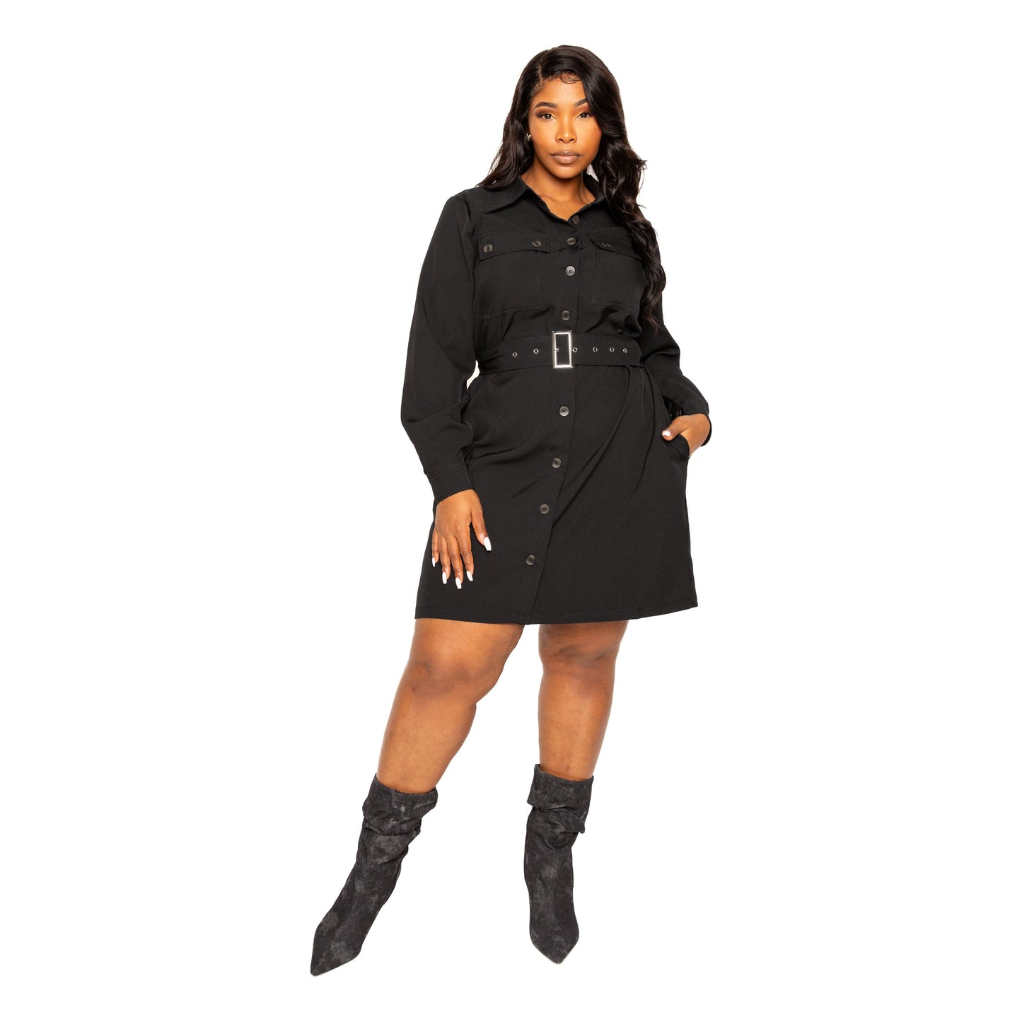 Black Plus-size Satin Effect Belted Shirt Dress