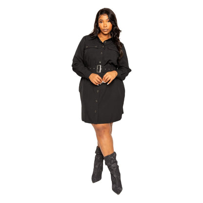 Black Plus-size Satin Effect Belted Shirt Dress