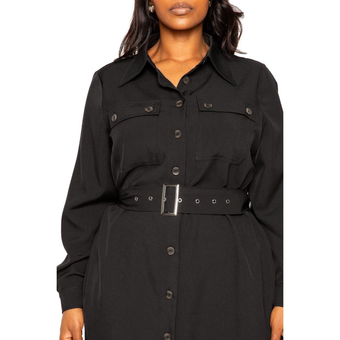 Black Plus-size Satin Effect Belted Shirt Dress