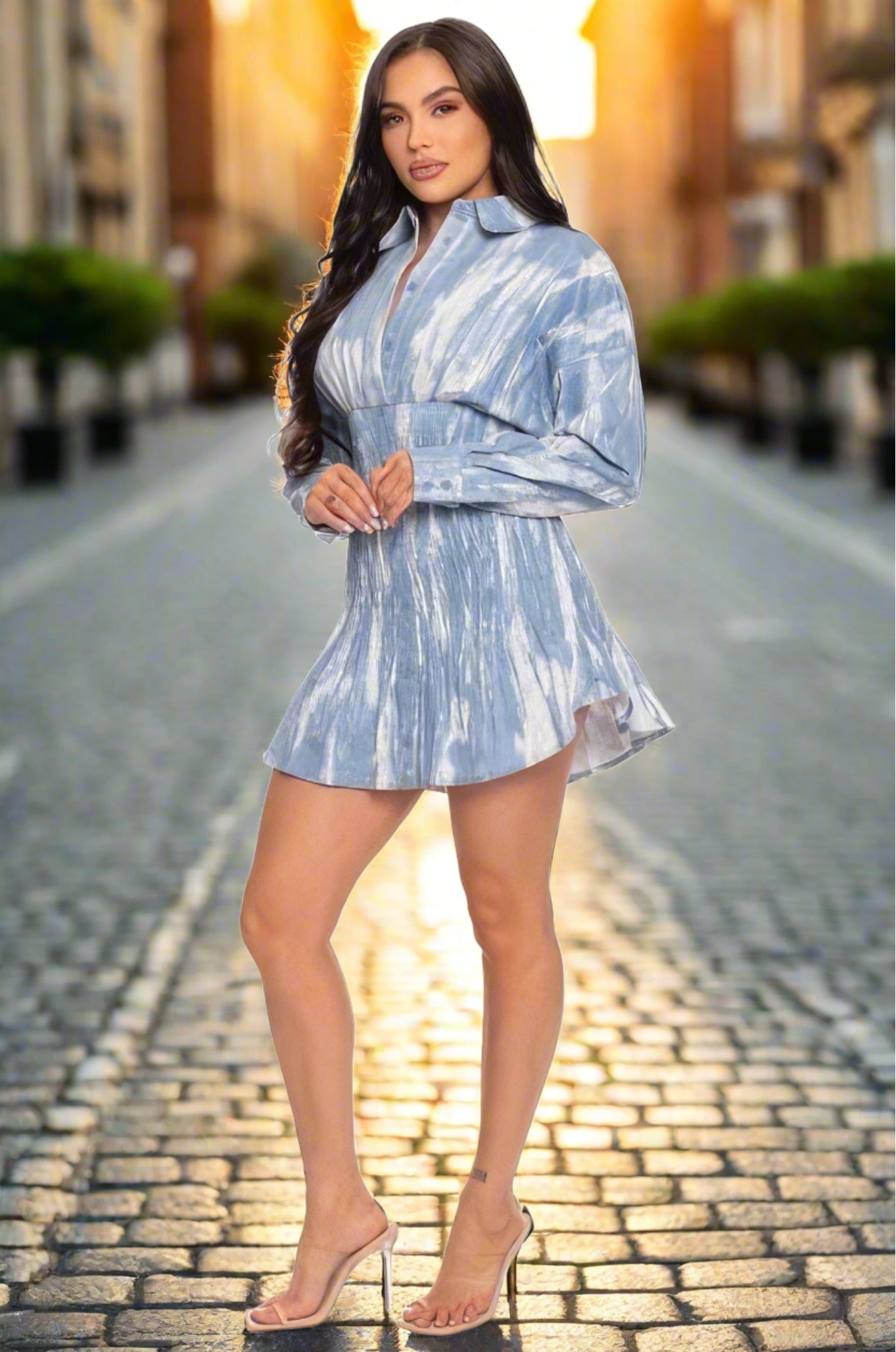 Tie Dye Mini Buttoned Down Cocktail Shirt Dress