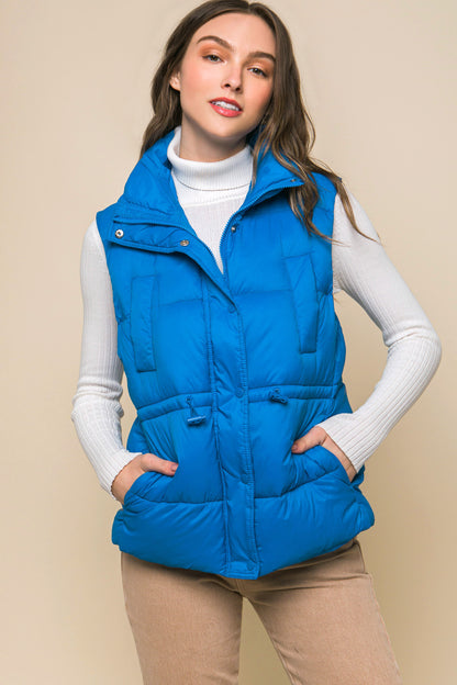 Zip Up Button Puffer Vest With Waist Toggles