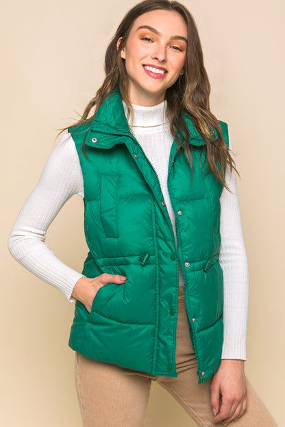 Zip Up Button Puffer Vest With Waist Toggles