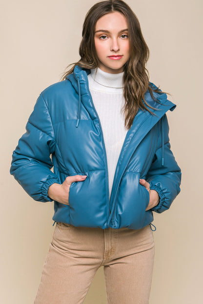 Blue Pu Faux Leather Zipper Hooded Puffer Jacket