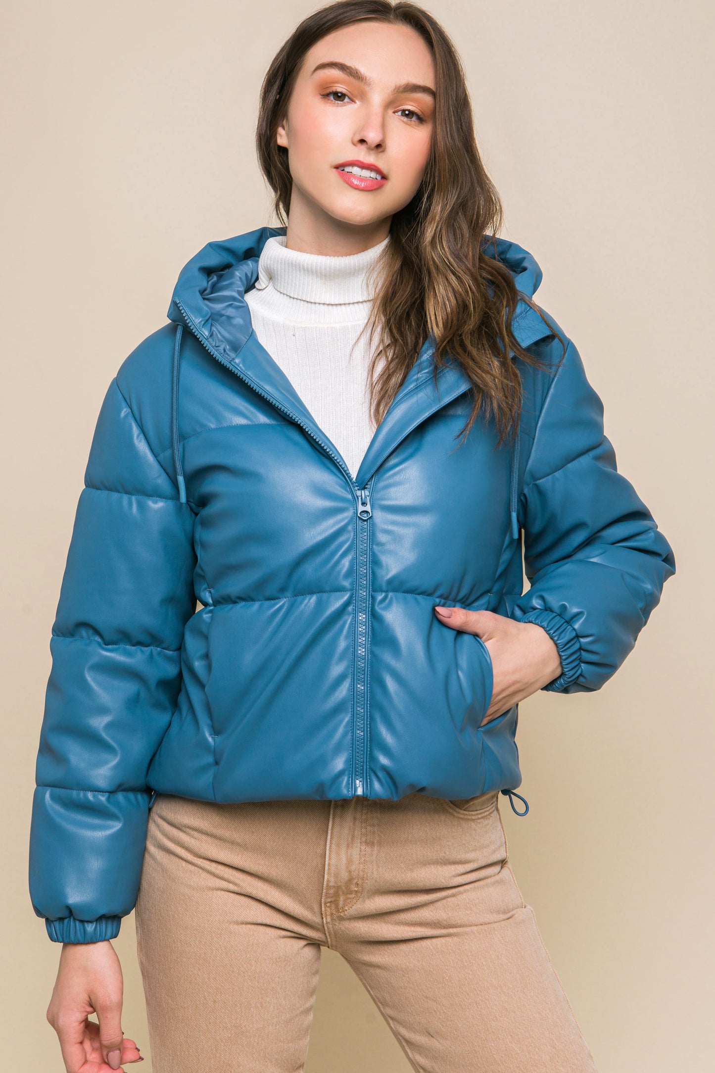 Blue Pu Faux Leather Zipper Hooded Puffer Jacket