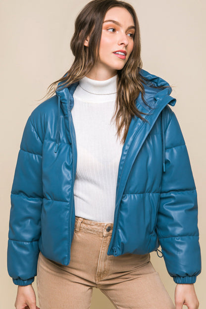 Blue Pu Faux Leather Zipper Hooded Puffer Jacket