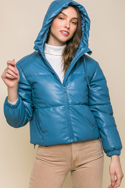 Blue Pu Faux Leather Zipper Hooded Puffer Jacket