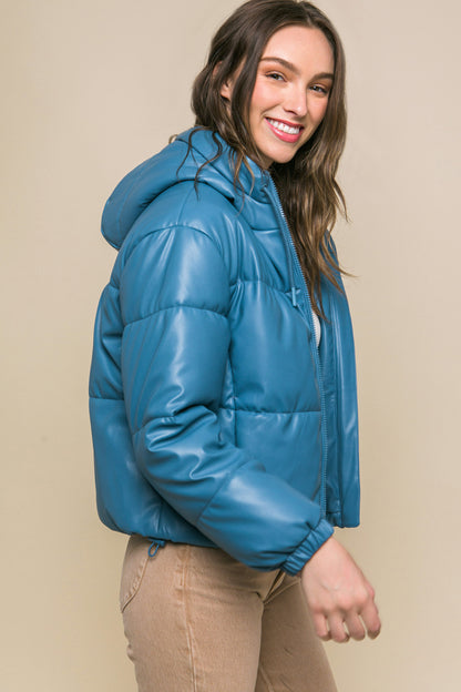 Blue Pu Faux Leather Zipper Hooded Puffer Jacket